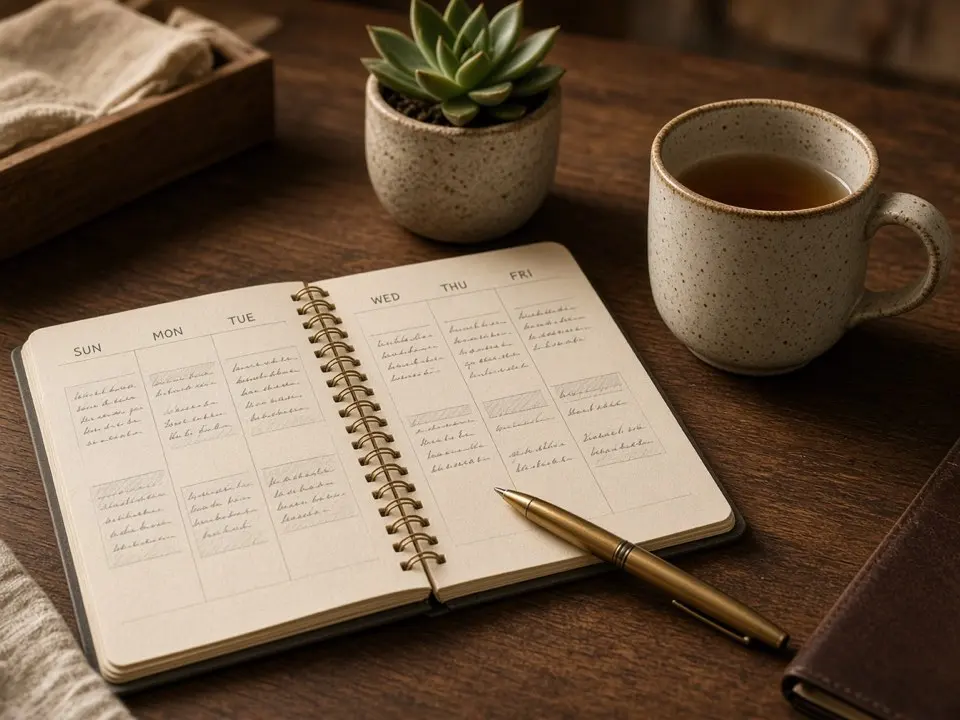 Paper desk calendar and pen on a wooden practice desk