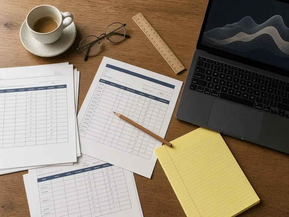 Clinician desk with scored protocols, a notebook, coffee, and a laptop