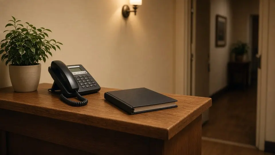 Empty practice reception desk with a telephone and appointment book