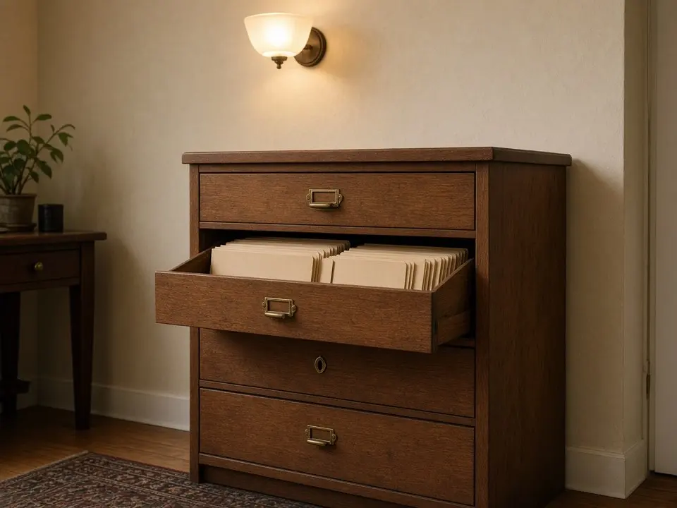 Wooden filing cabinet with a lock and unlabeled folders
