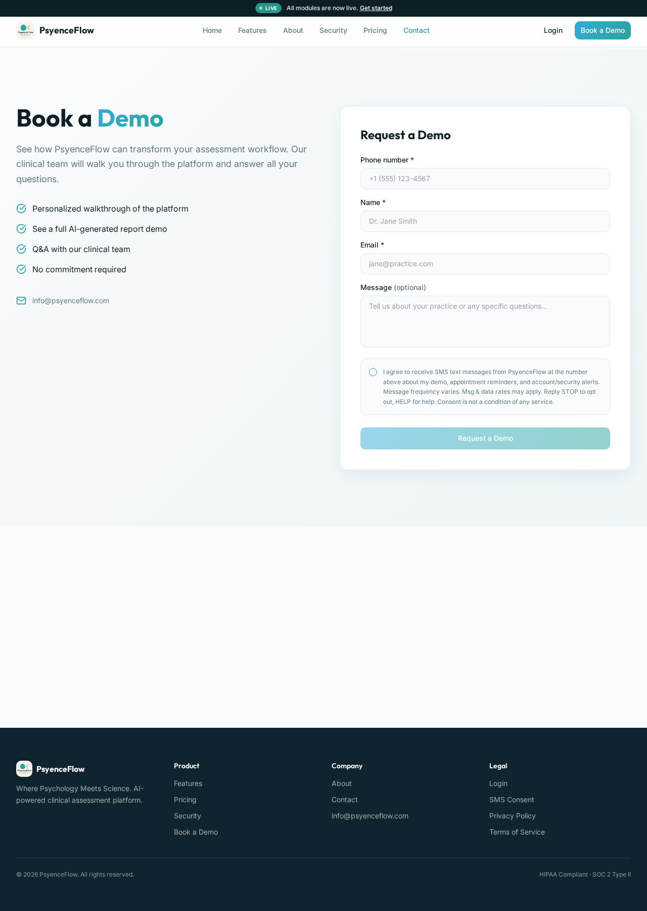 Screenshot of the PsyenceFlow Request a Demo form showing the unchecked SMS consent checkbox next to the full consent sentence.